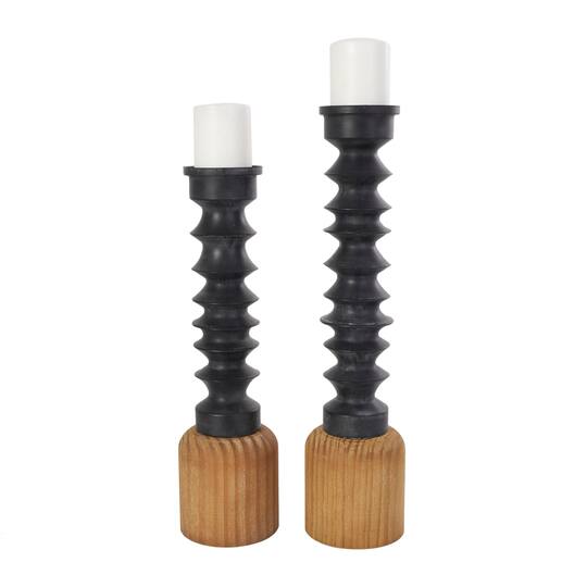 Black Metal Turned Style Pillar Candle Holder with Brown Wood Bases Set